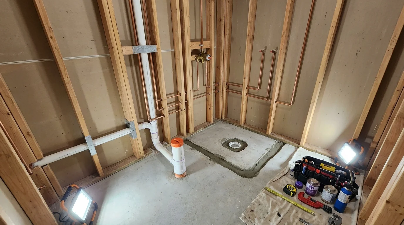Bathroom rough-in plumbing during remodel by Johns Plumbing LLC in Muleshoe