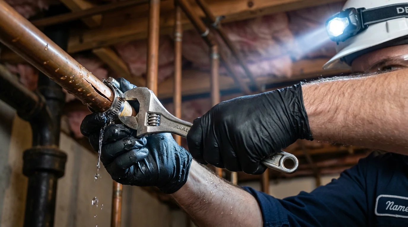 Emergency pipe clamp repair being performed by a Johns Plumbing LLC plumber in Muleshoe