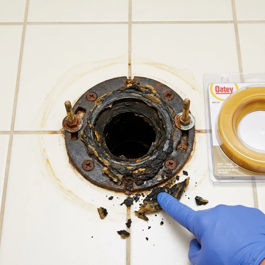 Failed wax ring showing water seepage at the base of a toilet in a Muleshoe, TX home