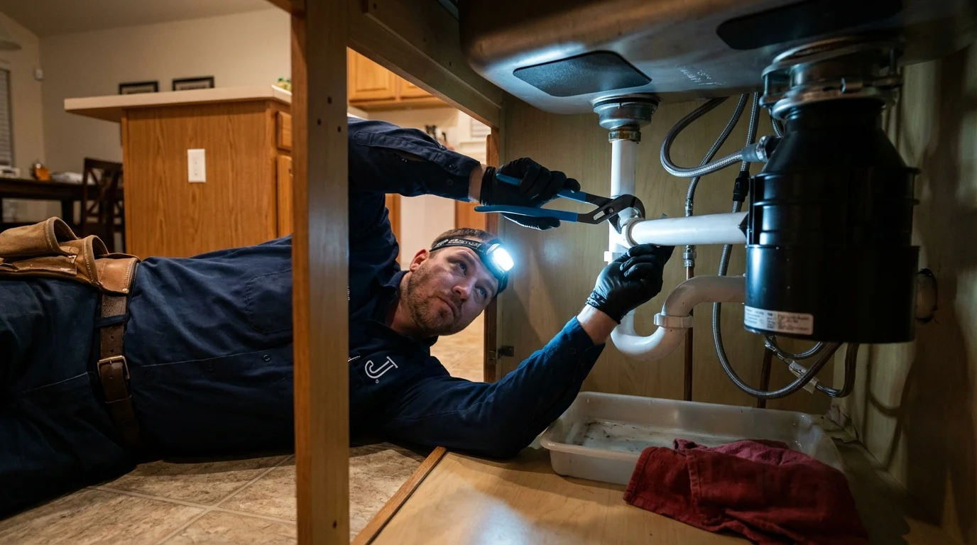 P-trap and supply line connections under a kitchen sink showing a common leak point in Muleshoe, TX